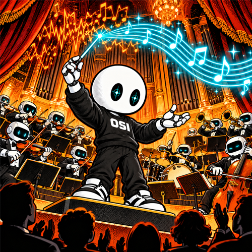 OSI conducts an orchestra of robots in a grand hall